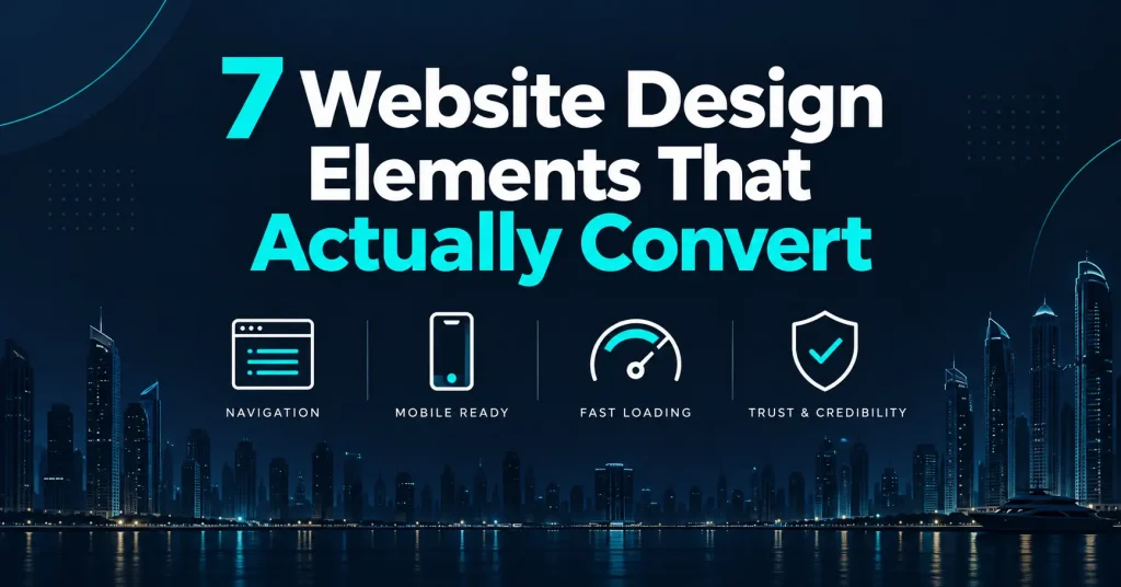 Website design elements that convert, Dubai Marina web design illustration