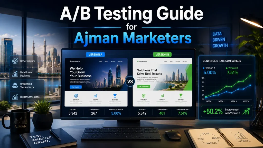 Marketer in Ajman analyzing A/B test results and conversion rate data on a laptop