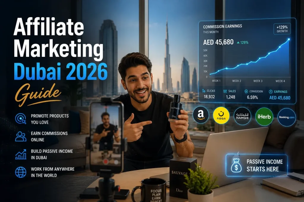 Content creator in Dubai reviewing affiliate marketing commissions on a smartphone dashboard