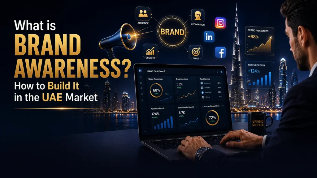 Brand awareness strategy for UAE businesses showing branding, social media marketing, customer recognition, and business growth in Dubai