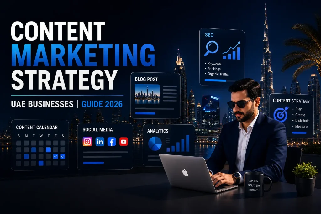 Content marketing strategy for UAE businesses showing SEO, content creation, social media, and business growth in Dubai.