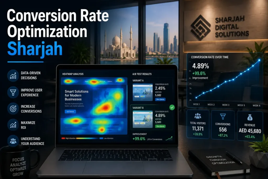 Analyst reviewing website conversion rate data and heatmaps for a Sharjah business