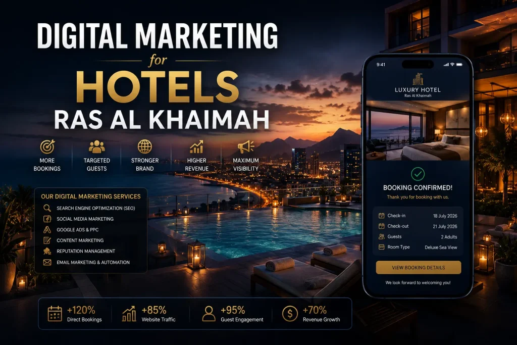 Luxury hotel in Ras Al Khaimah with a booking website open on a smartphone