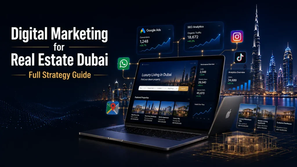 Digital marketing for real estate companies in Dubai using SEO, Google Ads, social media marketing, WhatsApp automation, and property lead generation strategies.