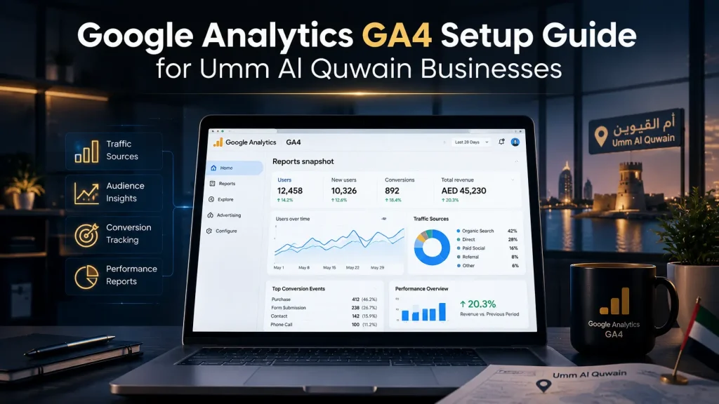 Business owner in Umm Al Quwain reviewing Google Analytics GA4 dashboard on a laptop