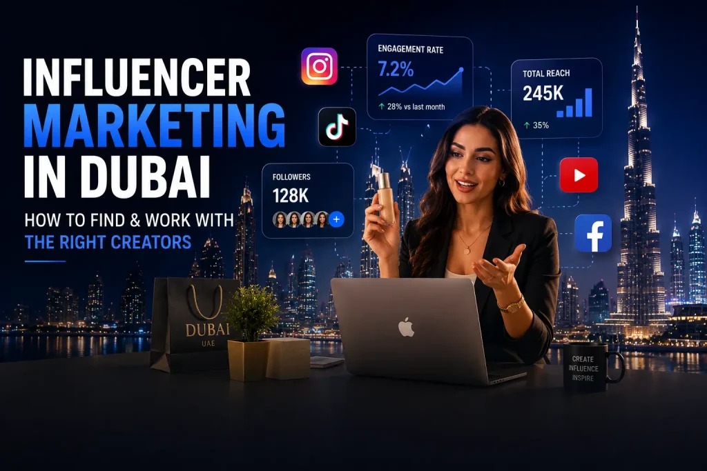 Influencer marketing in Dubai showing a UAE business collaborating with social media creators using Instagram, TikTok, and YouTube to grow brand awareness and sales in 2026.