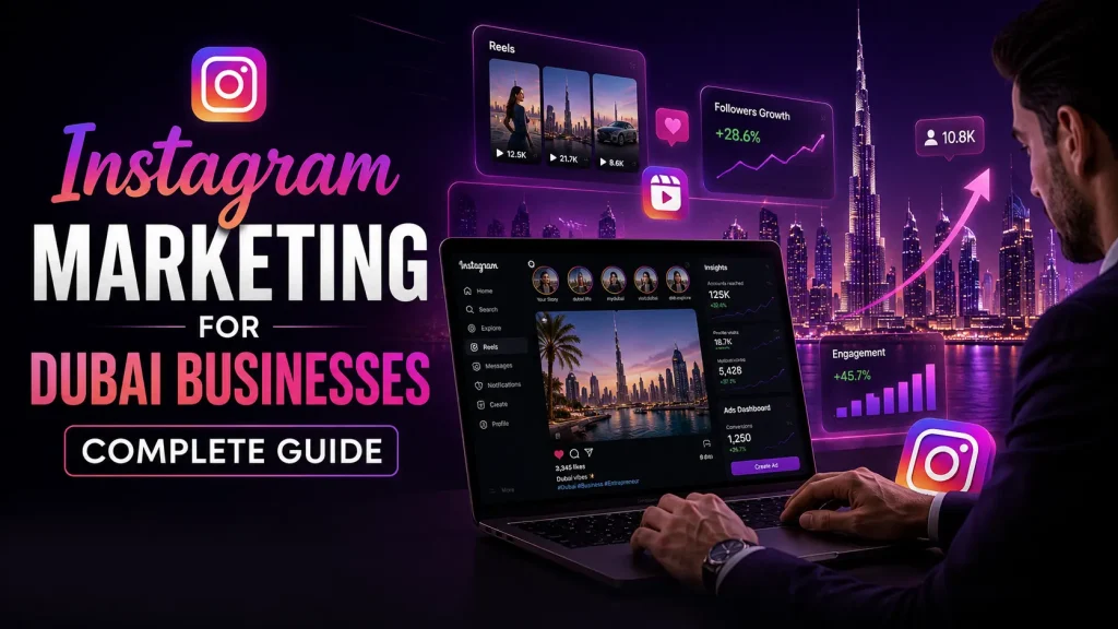 Instagram marketing strategy for Dubai businesses showing Instagram ads, Reels, mobile marketing, and social media growth in the UAE