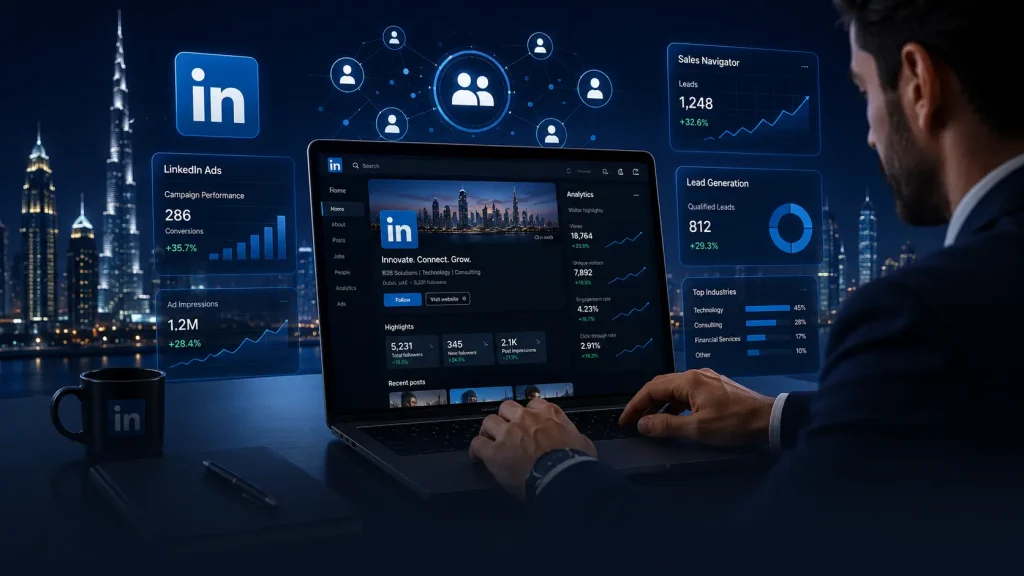 LinkedIn marketing strategy for UAE B2B companies featuring LinkedIn Ads, lead generation, Sales Navigator, and business networking in Dubai