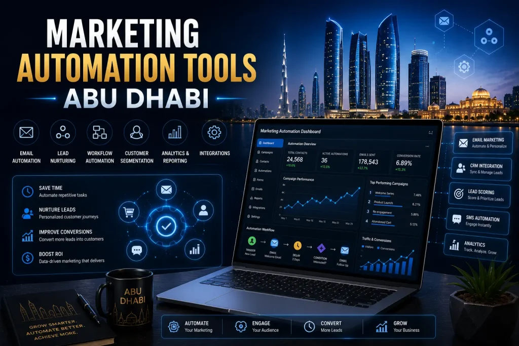 Business team in Abu Dhabi reviewing marketing automation dashboard with WhatsApp and CRM tools