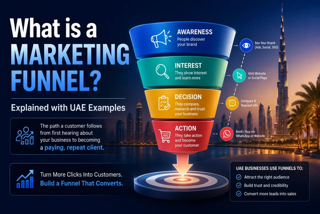 Marketing funnel stages for UAE businesses showing awareness, interest, decision, action, and customer conversion.
