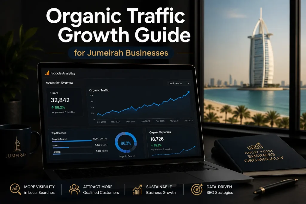 Business owner in Jumeirah reviewing organic search traffic growth on a laptop