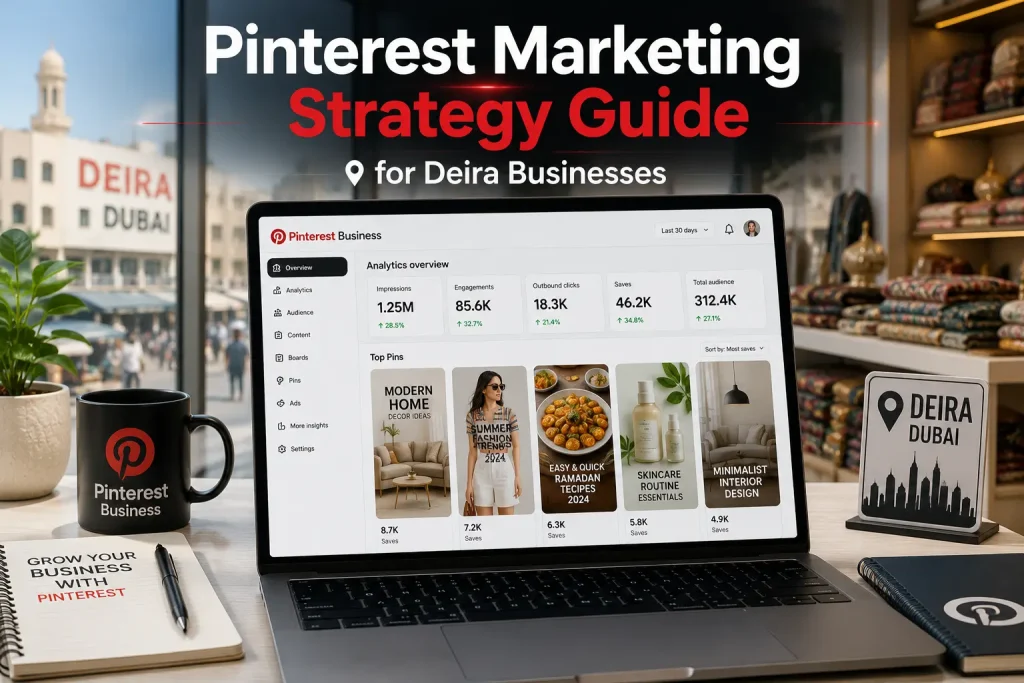 Business owner in Deira planning a Pinterest board strategy on a laptop