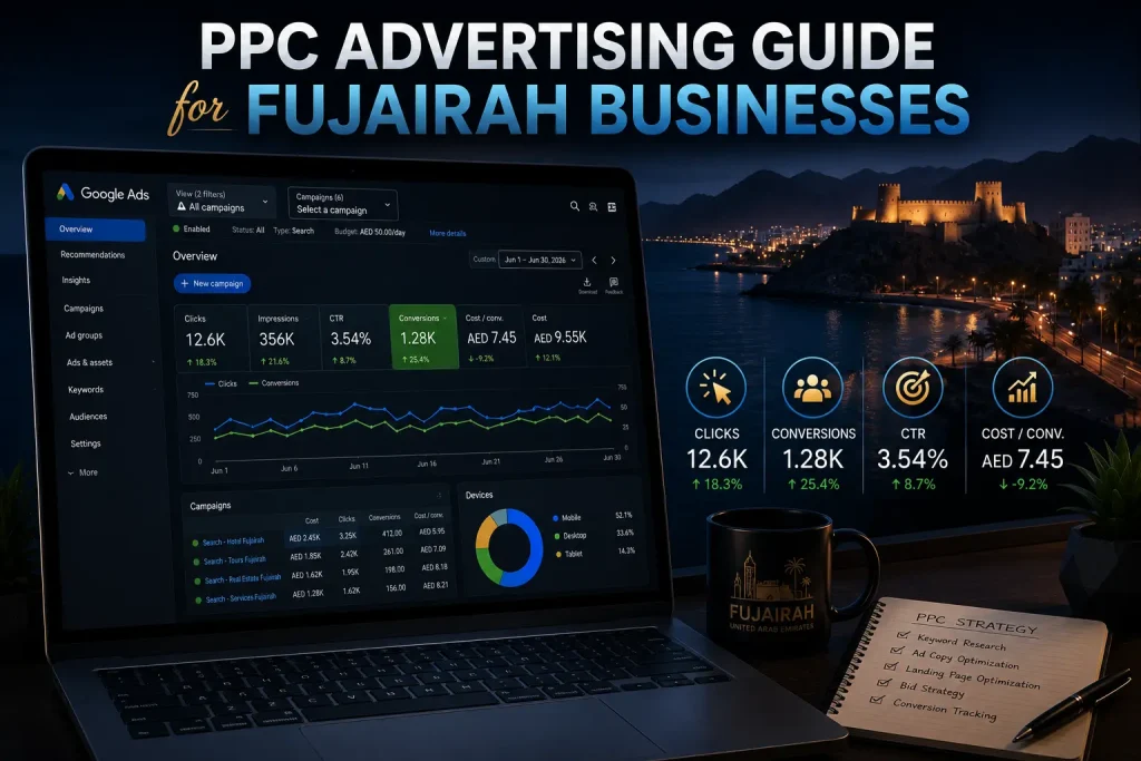 Marketer setting up a Google Ads PPC campaign for a Fujairah business on a laptop