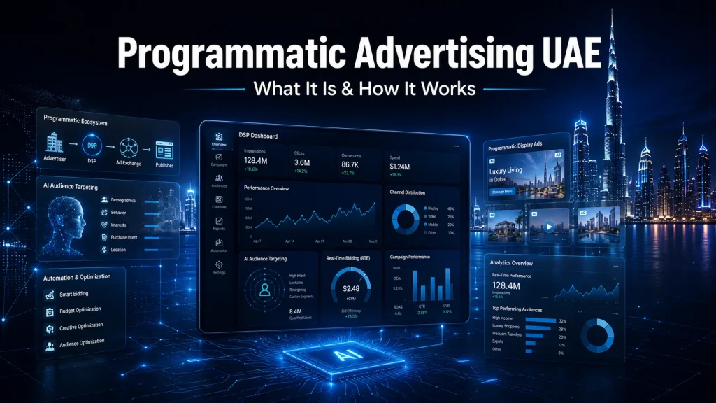 Programmatic Advertising UAE showing automated digital advertising, real-time bidding (RTB), audience targeting, and data-driven marketing across Dubai and the UAE.