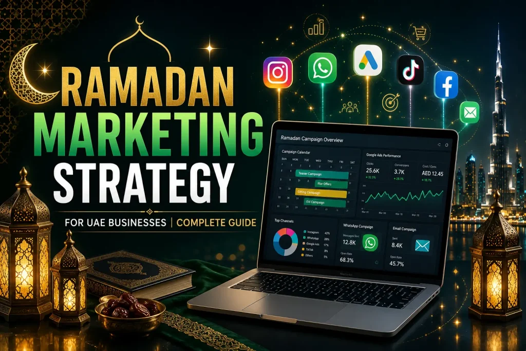 Ramadan Marketing Strategy for UAE businesses featuring an Apple MacBook, digital marketing dashboard, Ramadan lanterns, crescent moon, social media icons, and Dubai skyline.