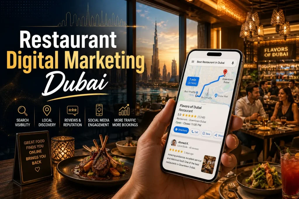 Digital marketing dashboard showing restaurant SEO and ad performance for a Dubai restaurant