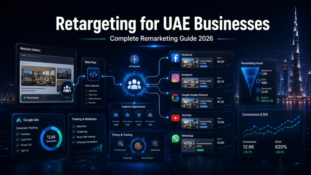 Retargeting for UAE businesses showing Meta Pixel, Google Remarketing, audience targeting, digital advertising, and conversion optimization.
