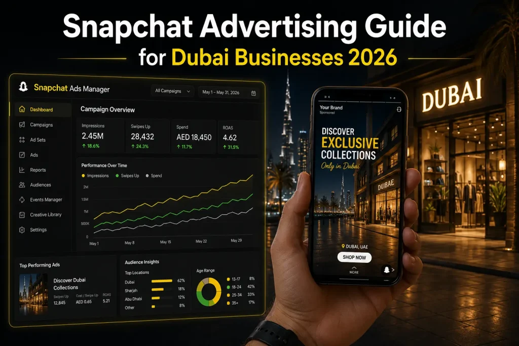 Marketer setting up a Snapchat ad campaign for a Dubai business on a laptop