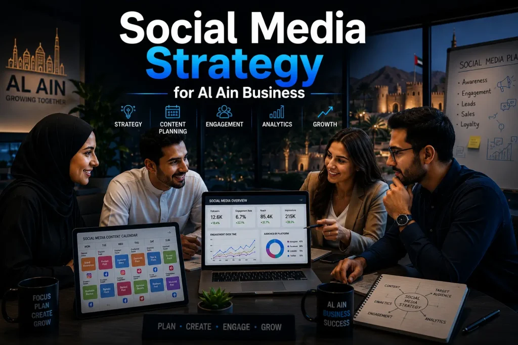 Marketing team in Al Ain planning a social media content calendar on a tablet