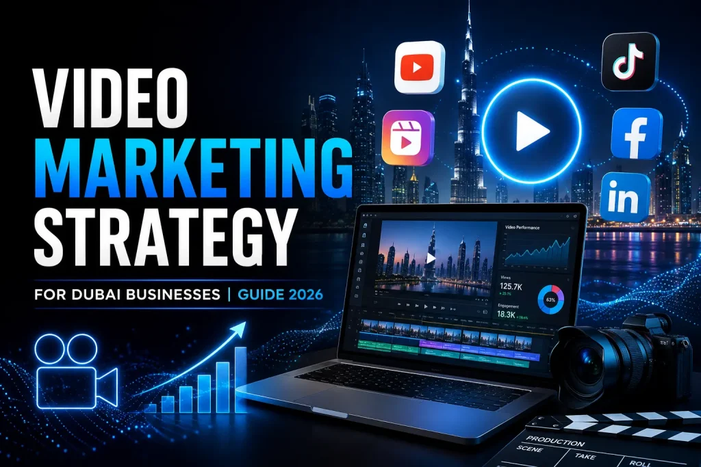 Video Marketing Strategy for Dubai businesses featuring an Apple MacBook, video editing interface, social media icons, analytics dashboard, and Dubai skyline.