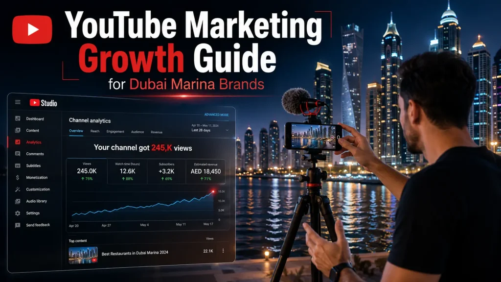 Business owner in Dubai Marina filming a YouTube video with a smartphone and microphone