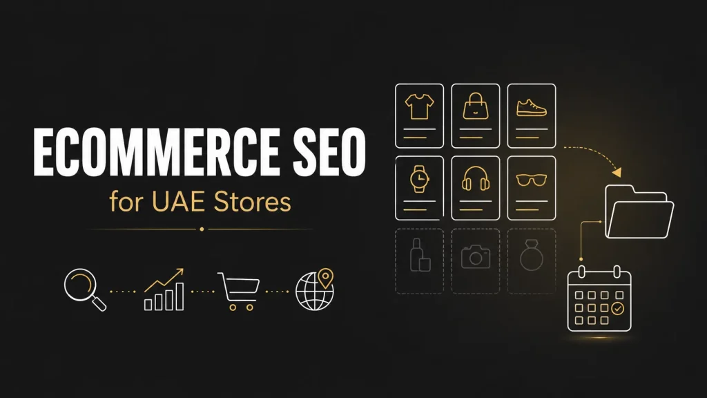 Ecommerce SEO for UAE stores shown with faded product tiles and redirect icons on dark background