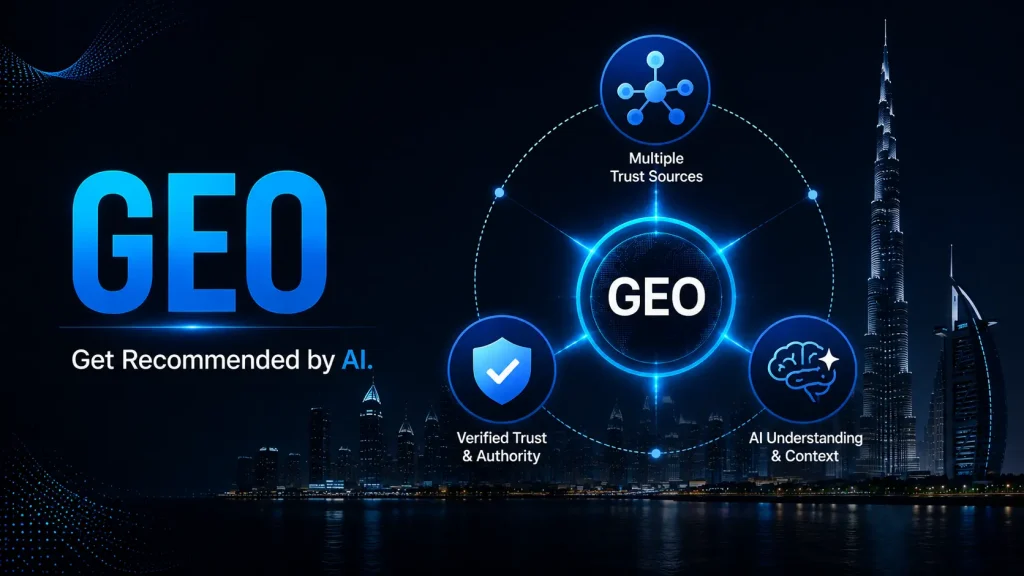 GEO icons showing entity trust and AI recommendation network on dark background