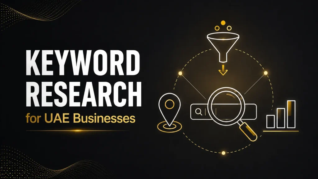 Keyword research for UAE businesses illustrated with search, funnel and location icons on dark background