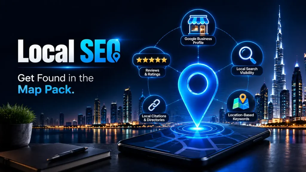 Local SEO icons showing map pin, reviews, and search visibility on dark background