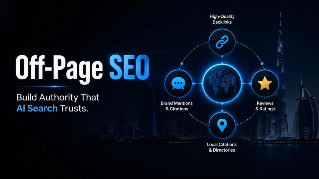 Off-page SEO icons showing link building, reviews, and brand mentions on dark background