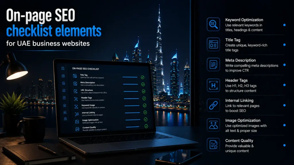 On-page SEO checklist showing title tags, headings, and schema markup for a UAE business website