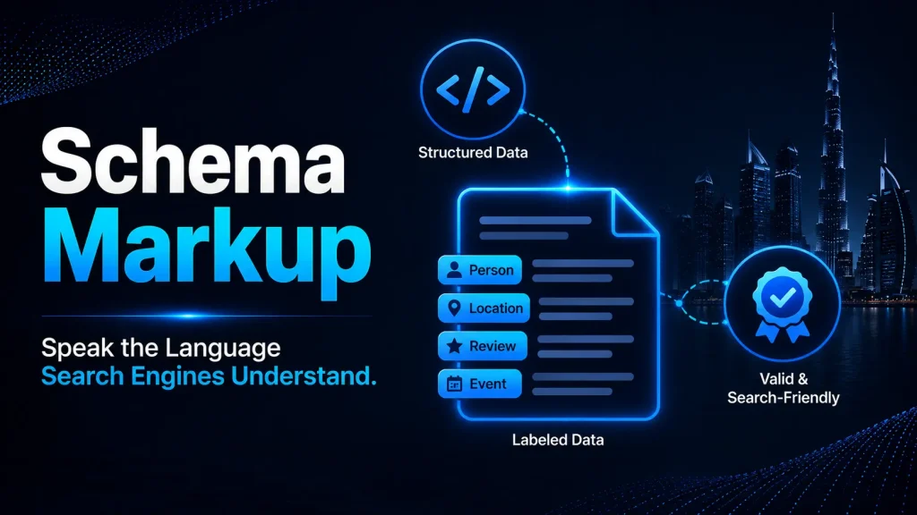 Schema markup icons showing structured data and JSON-LD labeling on dark background