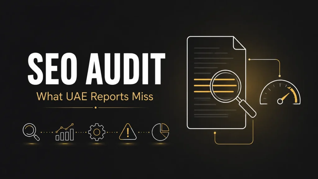 SEO audit report shown with three highlighted findings among faded items on dark background