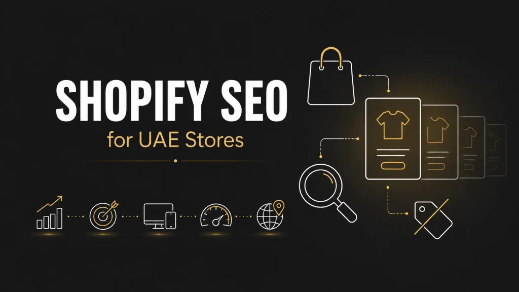 Shopify SEO for UAE stores illustrated with duplicate product page and search icons on dark background