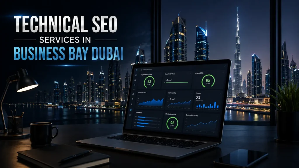 Technical SEO audit dashboard on laptop screen with Business Bay Dubai skyline in background