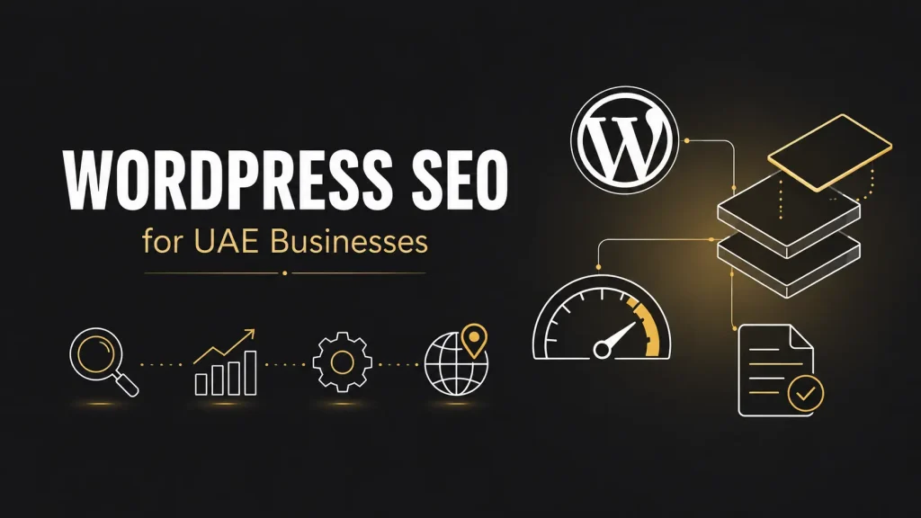 WordPress SEO for UAE businesses shown with plugin, speed and indexing icons on dark background