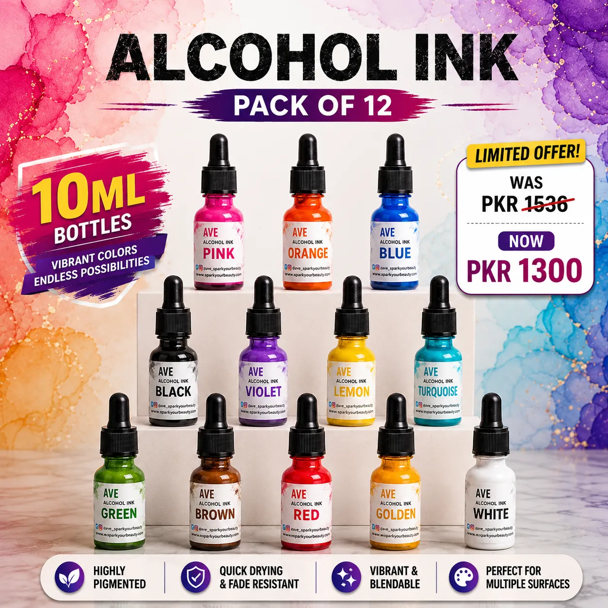 AVE Spark alcohol ink pack of 12 e-commerce campaign creative