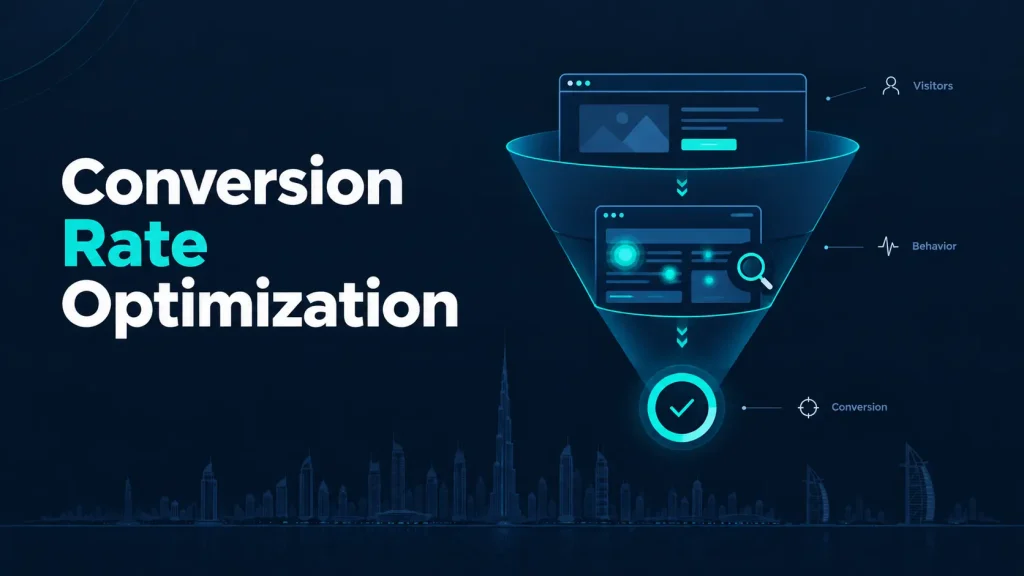 Conversion rate optimization funnel illustration for paid campaigns with Dubai skyline