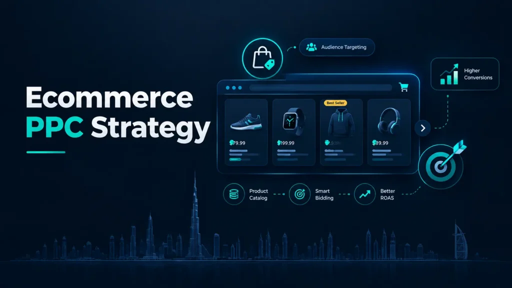 Ecommerce PPC Shopping ads strategy illustration with product catalog tiles and Dubai skyline