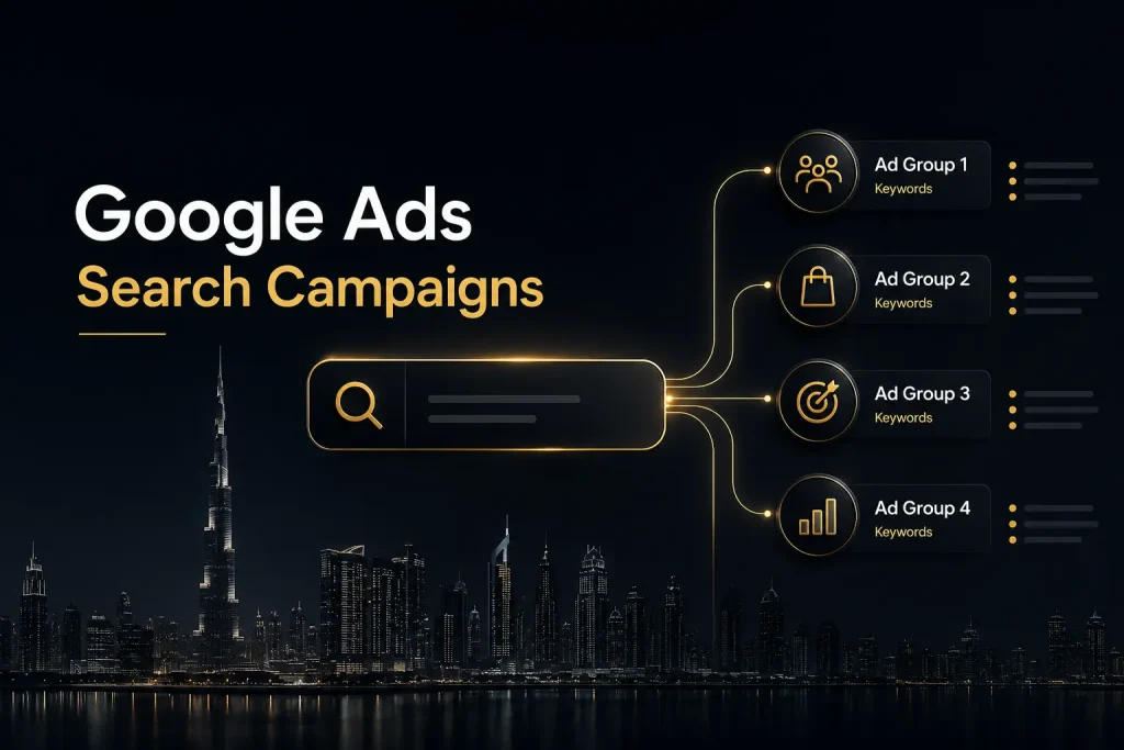 Illustration showing how a Google Ads Search campaign is structured for a UAE business, with ad groups and keywords branching from a search bar icon