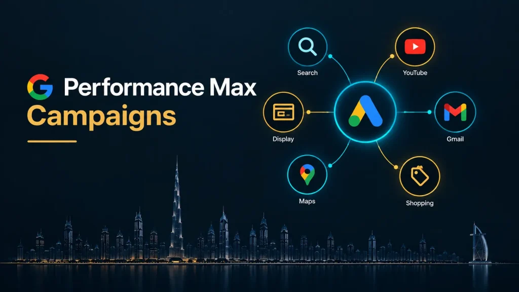 Illustration of a Google Performance Max campaign connecting to Search, Display, YouTube, and Maps for a UAE business