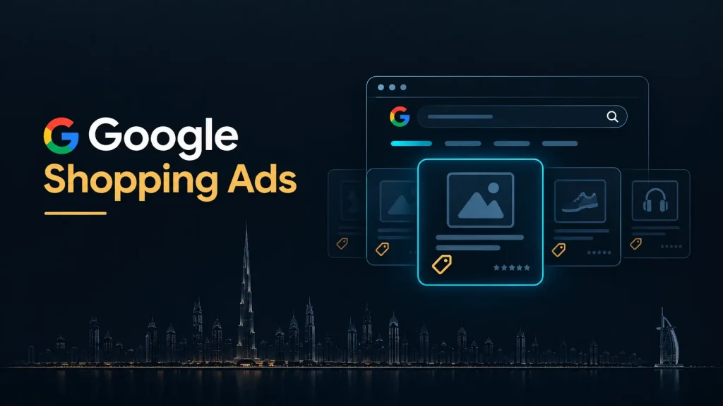 Illustration of a Google Shopping Ads product listing with image, price, and title for a UAE ecommerce business