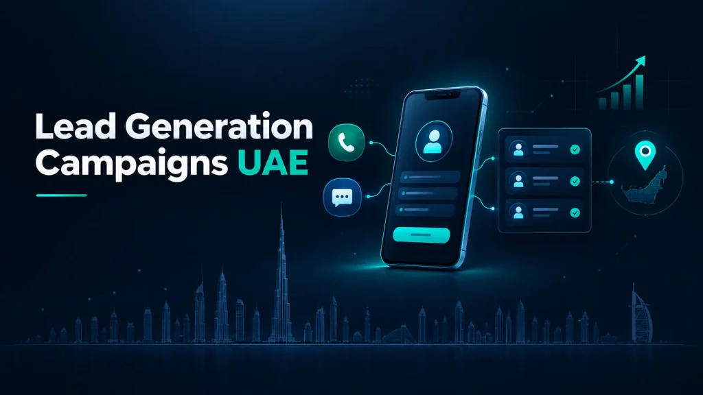 Lead generation campaigns illustration with call and chat icons and Dubai skyline