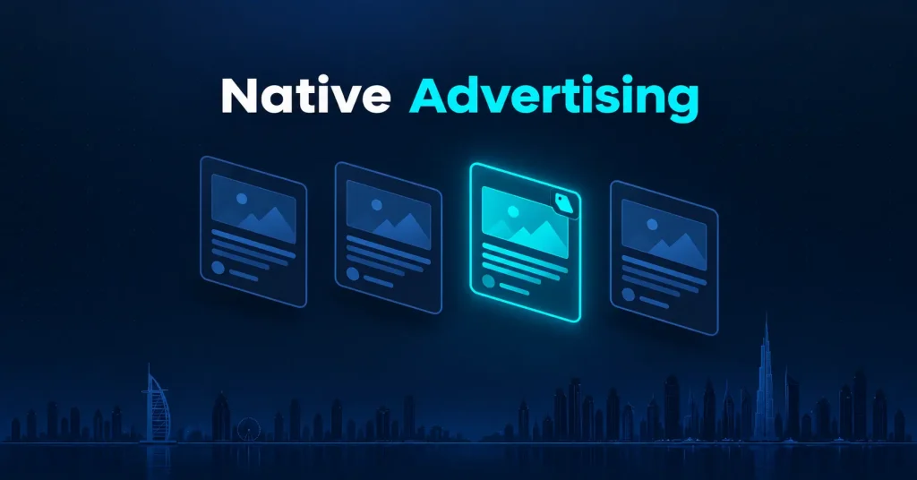 Native advertising and sponsored content illustration blending into a feed with Dubai Marina skyline
