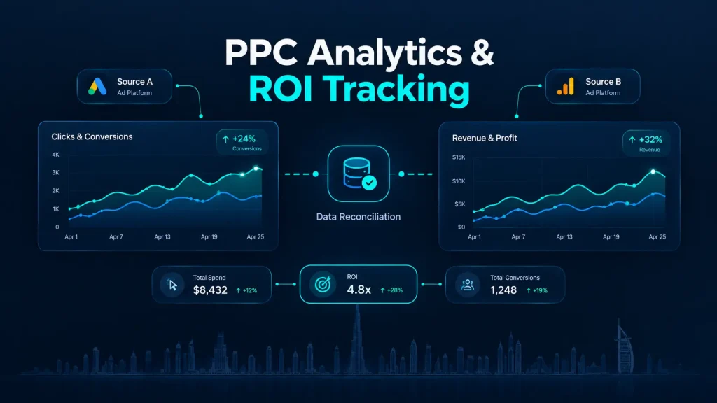 PPC analytics and ROI tracking dashboard illustration with Dubai skyline