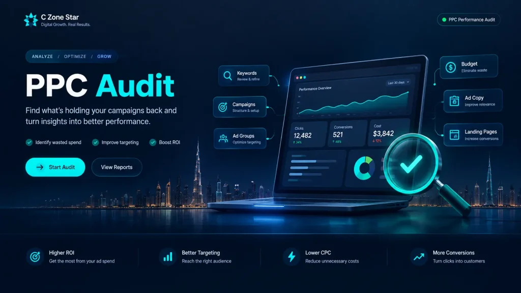 PPC audit checklist illustration with magnifying glass and Dubai skyline