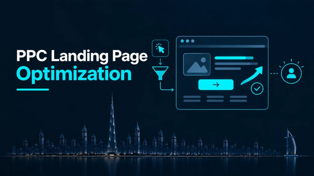 PPC landing page optimization illustration with conversion funnel and Dubai skyline