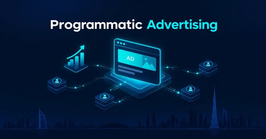 Programmatic advertising and Display Network auction illustration with Dubai skyline