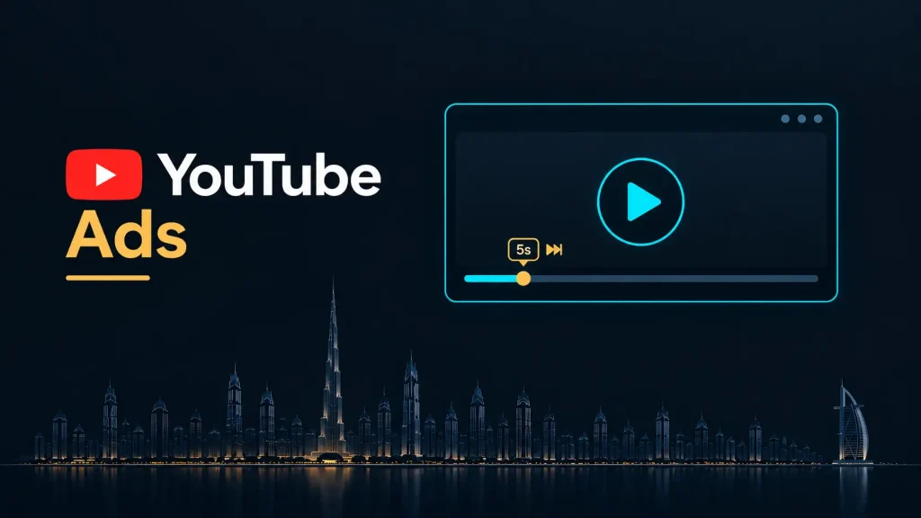 Illustration of a YouTube Ads skippable in-stream video player with a five-second skip marker for a UAE business